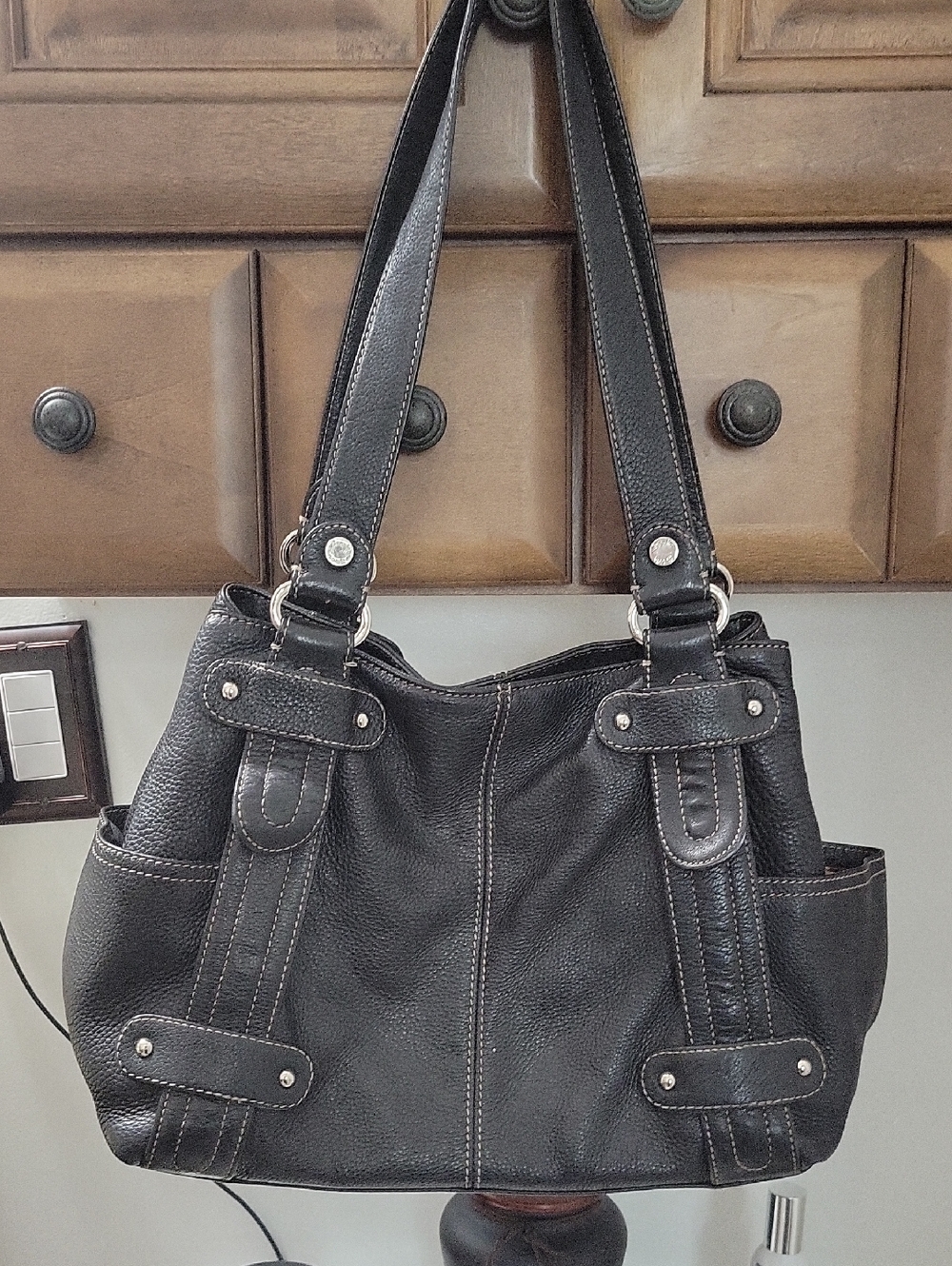 Tignanello Black Leather Shoulder Bag with Silver Hardware